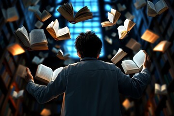 A fantasy scene where a time-traveling scholar is surrounded by floating books from various historical eras, learning from them all at once
