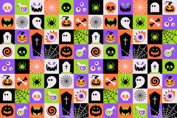 Happy Halloween seamless pattern on colorful checkered background. Trick or Treat. Cute scary Halloween Party, Horror Holiday design concept. Vector Illustration in minimalist flat style.