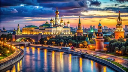 Obraz premium A captivating night scene of a vibrant Russian city, illuminated by brilliant lights as the sun sets, creating a stunning dusk atmosphere.
