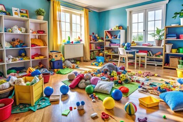 A chaotic children's room filled with scattered toys, books, and clothes littering the floor, creating a wild and messy play area that demands organization.