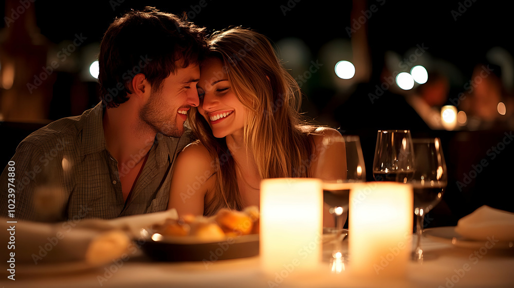 Poster Romantic dinner setting with candles and smiling couple.