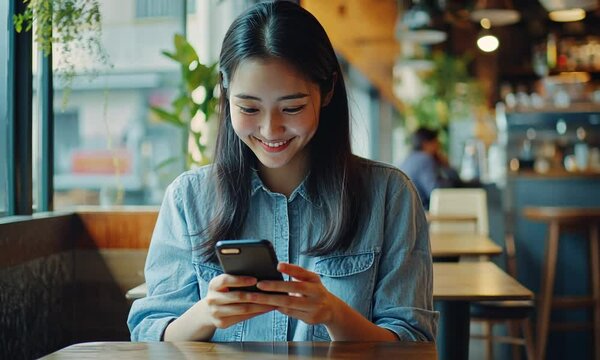 Fine details Smiling young woman in a casual shirt sitting at a table in a cafe and checking messenger while using a smartphone