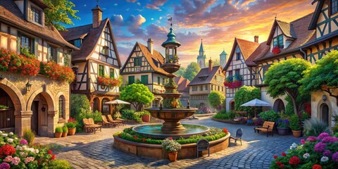 Obraz premium A charming fantasy village square features a grand fountain surrounded by exquisite medieval architecture, creating a magical atmosphere brimming with enchantment and history.