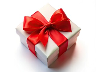 Obraz premium A charming gift box adorned with a vibrant red ribbon, set against a crisp white background, perfect for celebrating Valentineâ€™s Day or a birthday surprise.