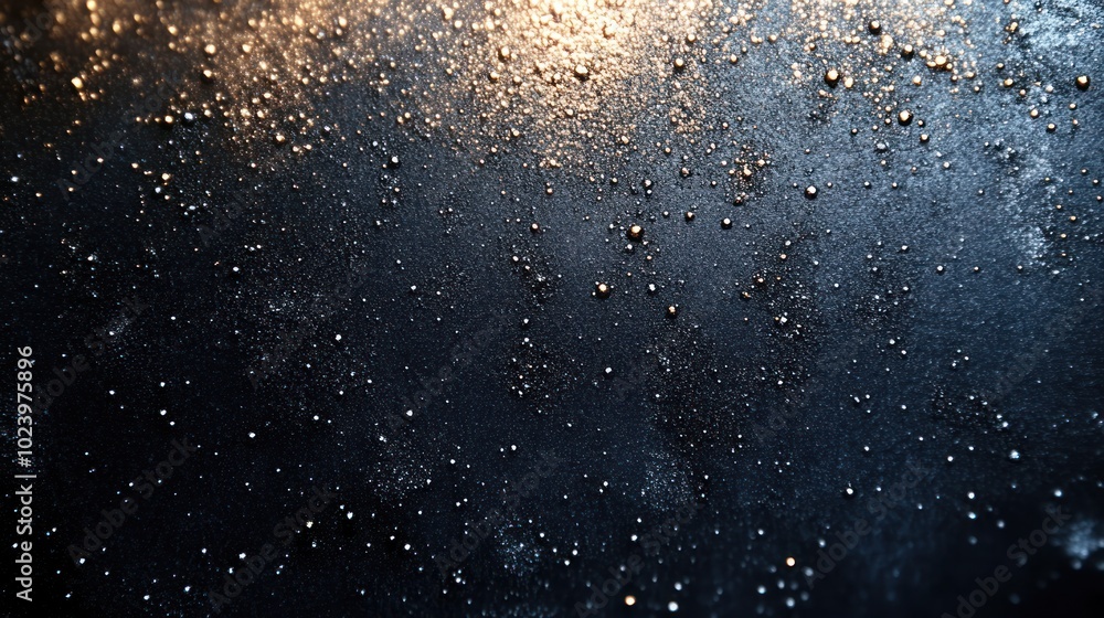 Poster abstract background with a dark grey surface and small water droplets with a light source in the top