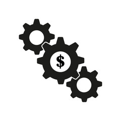 Gear dollar symbol. Money process icon. Financial mechanism vector. Black cogwheel graphic.