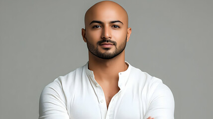 Obraz premium A confident man poses in a white shirt against a neutral background.