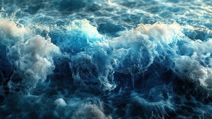 Close-up view of white foamy waves breaking on the dark blue ocean surface with sunlight reflecting on the water.