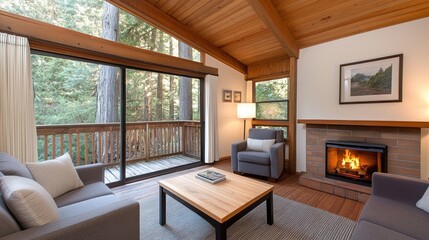 Cozy interior of a cabin with wooden decor and large windows overlooking nature.