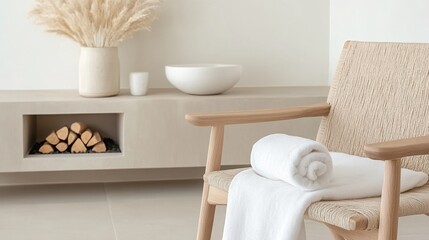 Cozy interior with a wooden chair, vase of dried flowers, and neatly rolled towels.