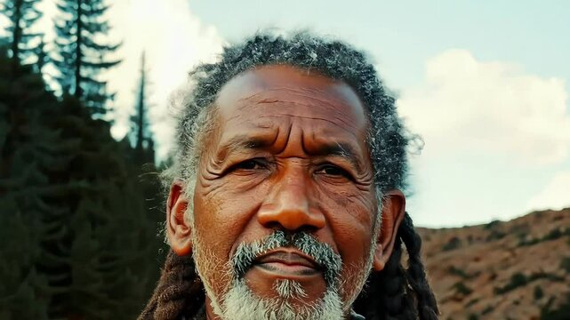 An elderly man with dreadlocks gazes calmly into the distance, set against a natural background, representing wisdom and connection to the earth.