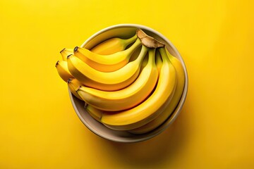 A cheerful cluster of bananas on a vivid yellow canvas, capturing the essence of freshness and a lively tropical feel, perfect for dynamic design aesthetics.