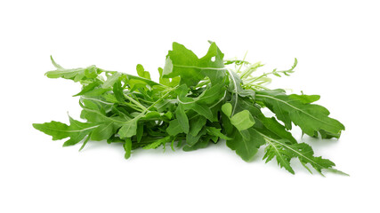 Pile of fresh arugula leaves isolated on white