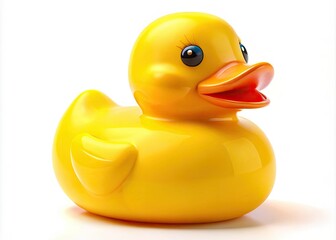 A cheerful, oversized yellow plastic duck toy stands alone against a pristine white backdrop, perfect for adding a playful touch to imaginative adventures and fun times.