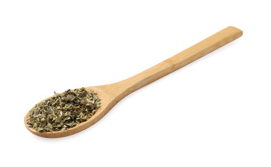 Dried oregano in spoon isolated on white