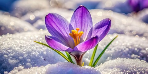 A cheerful purple crocus breaks through the snow, basking in the warm spring sunshine, making this scene perfect for beautiful postcard designs celebrating nature.