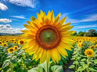 Obraz premium A cheerful sunflower proudly blooms in a sunny field, basking in the warmth of a bright day beneath a serene, expansive blue sky.