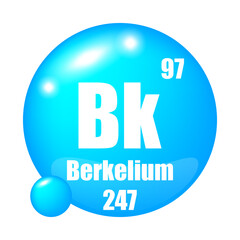 Berkelium icon. Bk chemical element. Atomic number 97. Mass 247. Blue sphere image.