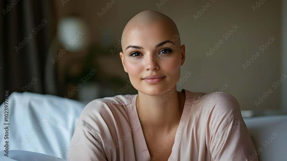 Sticker A serene portrait of a bald woman smiling softly in a cozy indoor setting.