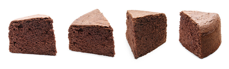 Piece of chocolate sponge cake isolated on white, set