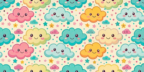 Obraz premium Charming kawaii clouds form a seamless pattern, ideal for vibrant kidsâ€™ decor and whimsical packaging, bringing joy and playfulness to childrenâ€™s environments.