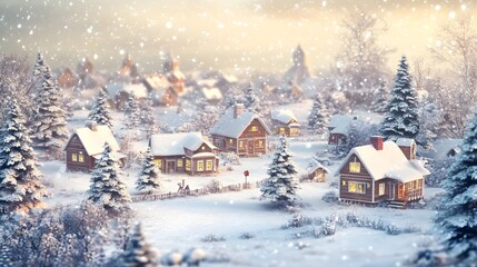 Fototapeta premium Christmas village with Snow in vintage style. Winter Village Landscape. Christmas Holidays. Christmas Card