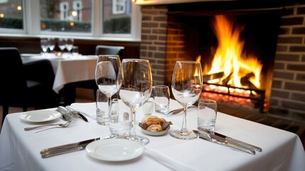 Fototapeta premium Elegant dining setup with glasses and fireplace background, cozy ambiance.