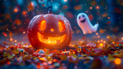 キャンディに囲まれたジャック・オ・ランタンとおばけ / Jack-o'-Lantern and Ghost Surrounded by Candy generative AI © Mārico Studio