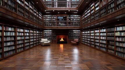 Elegant library interior with wooden shelves and cozy fireplace.