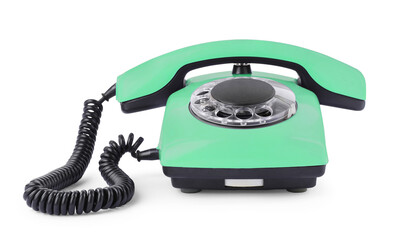 Old aquamarine telephone with rotary dial isolated on white