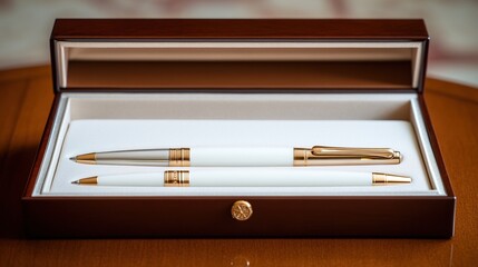 Elegant pen set in a stylish wooden box on a polished surface.
