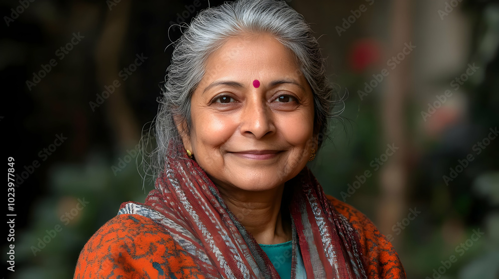 Poster A smiling woman with gray hair, wearing traditional attire, set against a blurred natural background.