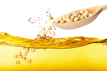 Soy beans falling from wooden spoon into vegetable oil on white background