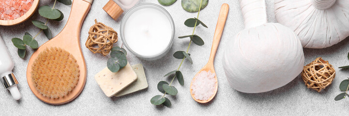 Naklejka na ściany i meble Flat lay composition with cosmetic products for spa treatment on white background, banner design