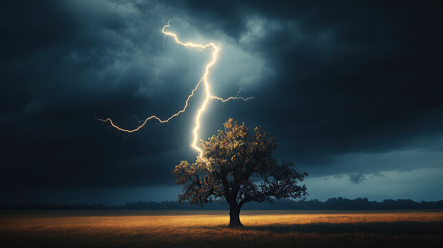 A dramatic lightning strike hitting an oak tree in the middle of a field under dark, stormy skies