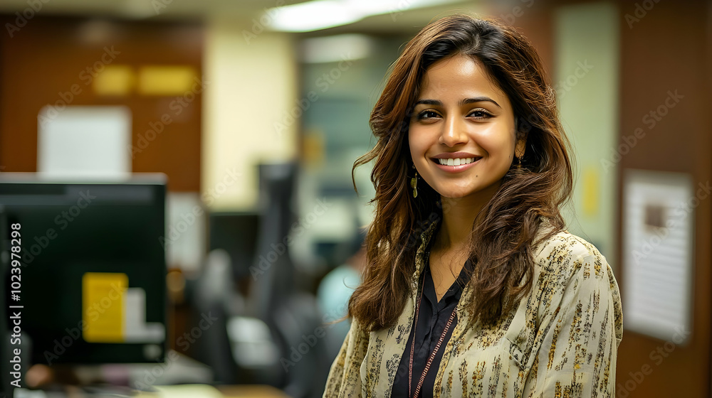 Wall mural A woman smiling in an office setting, conveying a positive work environment.