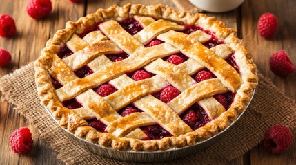 A freshly baked raspberry pie with a lattice crust, on a rustic wooden table with fresh raspberries scattered around.