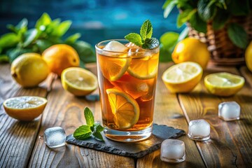 Fototapeta premium A clear glass showcases refreshing iced tea, brimming with ice and adorned with a lemon slice, delivering a perfect summer vibe experience.