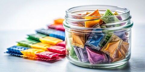 A clear plastic jar overflows with a diversity of snus sachets in unique flavors, beautifully arranged on a crisp white background for maximum visual appeal.