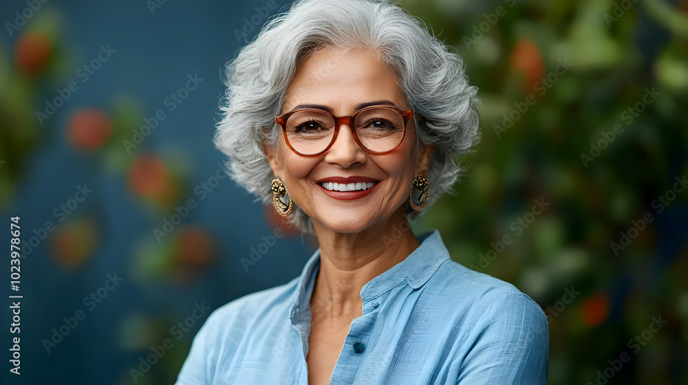 Wall mural An elderly woman with gray hair smiles warmly, wearing glasses and a light blue shirt.