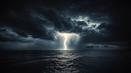 A lightning bolt striking the sea, illuminating dark clouds over an ocean in monochrome