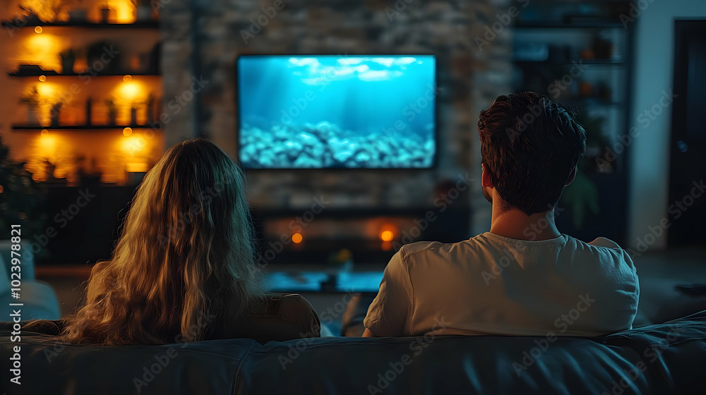 Sticker Couple watching an underwater scene on a large TV at home.