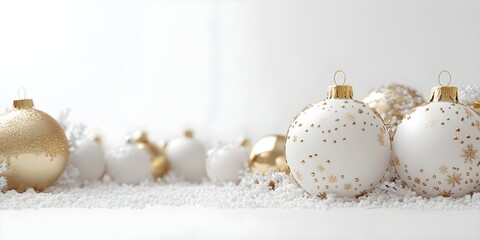 Festive white and gold Christmas ornaments and baubles. Empty glass snow ball isolated on white background