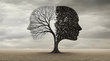 A tree shaped like two human faces symbolizes emotion and mood disorder recovery, with one half bare and the other vibrant with leaves, representing psychological therapy
