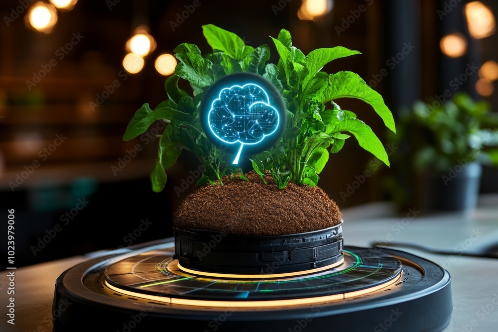 Poster a futuristic agricultural system where food is grown in climate-controlled greenhouses, using ai to 