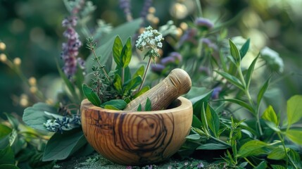Wooden Mortar and Pestle with Fresh Herbs