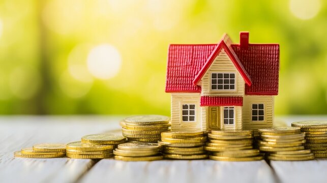 House model placed on top of stacked coins symbolizing real estate investment, financial growth, the concept of saving for property ownership, highlighting home affordability and wealth accumulation