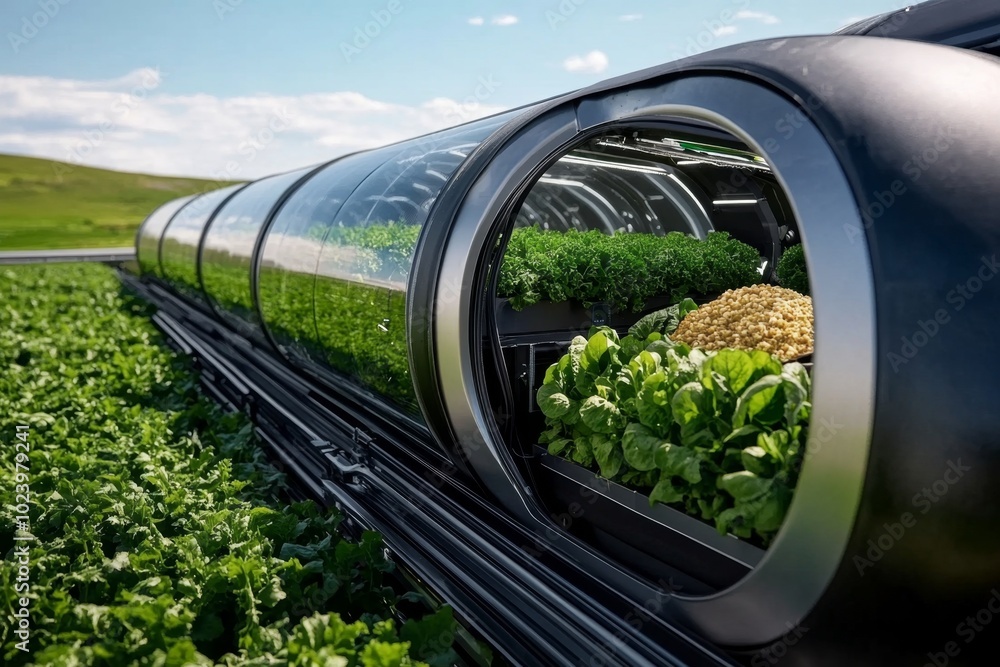 Poster a futuristic agricultural system where food is grown in climate-controlled greenhouses, using ai to 