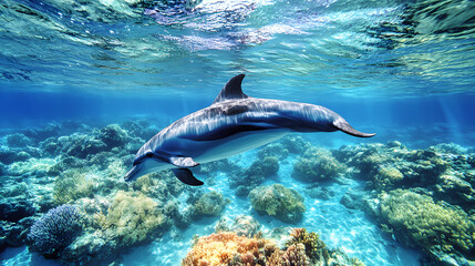 Naklejka premium A blue dolphin swimming in a blue ocean. Polynesian Island Life. Illustration