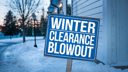 Obraz premium Blue sign with white letters announcing winter clearance blowout, snow and trees in background. 